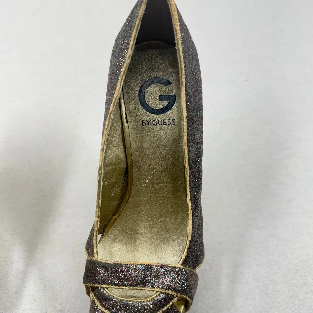 G By Guess Glitter Peep‎ Toe Platform Stiletto Heels Sparkly Gold Working Club